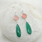 Genuine Pink Chalcedony and Green Onyx Long Pear Gemstone 925 Sterling Silver Dangle Earring